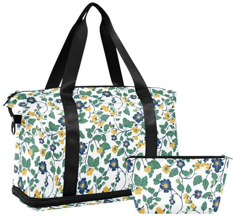 2-teiliges Set Seesack mit Vintage-Blumenmotiven, grüne Blätter, Wochenendtasche mit verstellbarem Riemen für Trekking