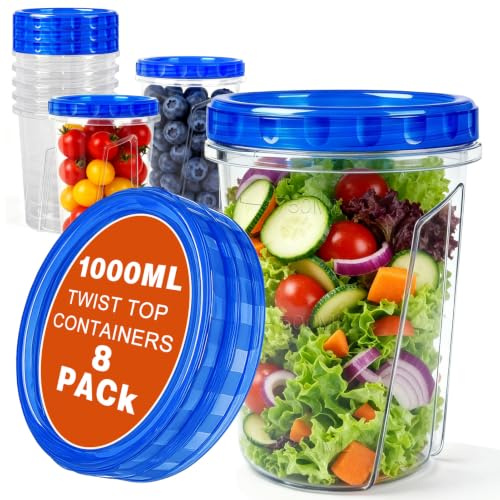 BYKITCHEN 1000ml Soup Containers with Airtight Lids for Food Storage, 8 PCS | Plastic Tupperware Containers, Portable Reusable Meal Prep Containers with Twist-Top Leakproof Lids, Microwave/Freezer Safe