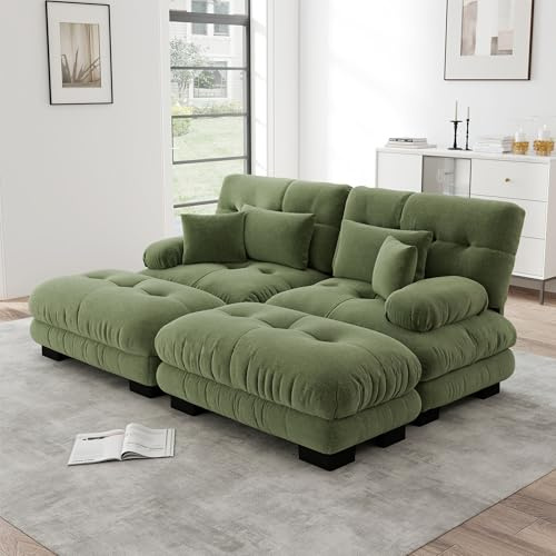 Taikonaut Ecksofa, Wohnzimmer-Sofa, Chenille Polstersofa, modulares Sofa in Grün, Cloud-Look Sitzkomfort, 2 bewegliche Ottomanen, 2 Lendenkissen, 2 Dekokissen