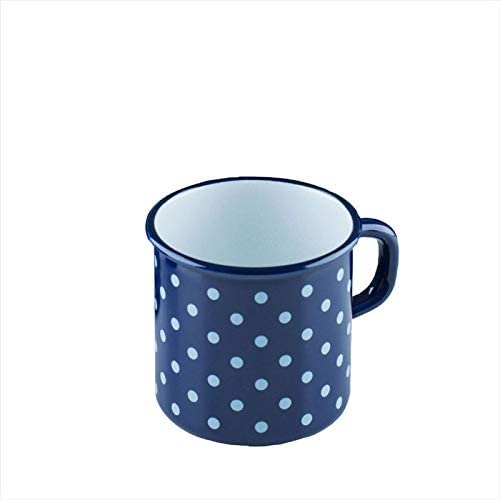 Riess, 0221-075, Emaille Topf mit Bördel, Kaffeebecher, Durchmesser 8cm, 0.375 Liter Inhalt, 3/8 Liter, LBH 11,1x8,8x8,4cm, Gew. 0,192kg (PÜNKTCHEN BLAU)