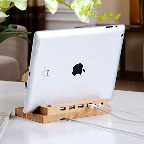Premium - Bamboo Wooden 4 in 1 iPhone iPad iPod Apple iWatch Charging Stand Station Dock Platform Cradle Holder with inbuilt 4 Port USB HUB