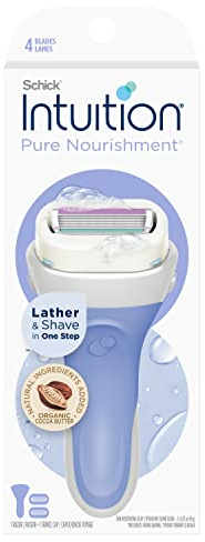 Schick Intuition Pure Nourishment Razor for Women with 2 Moisturizing Razor Blade Refills with Coconut Milk and Almond Oil | 4 blade womens razors, 3-in-1 lather shave moisturize, Moisturizing bar with cocoa butter, No shaving cream needed