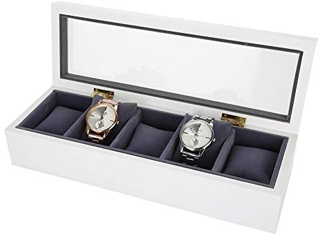 Uhrenbox Vitrine, 5 Slot Glas Aufbewahrungsbox Organizer Uhr Schmuck Display Box(Weiß)