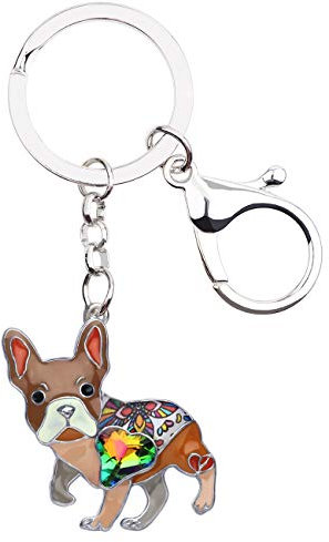 BONSNY Emaille Metall Herz Strass Französische Bulldogge Schlüsselanhänger für Frauen Kinder Auto Handtasche Ringe Charms Haustiere Geschenk (Braun)