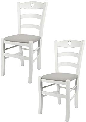 t m c s Tommychairs - 2er Set Stühle Cuore für Küche und Esszimmer, Robuste Struktur aus Buchenholz, deckend Weiss lackiert und gepolsterte Sitzfläche mit Stoff in der Farbe Perlgrau bezogen