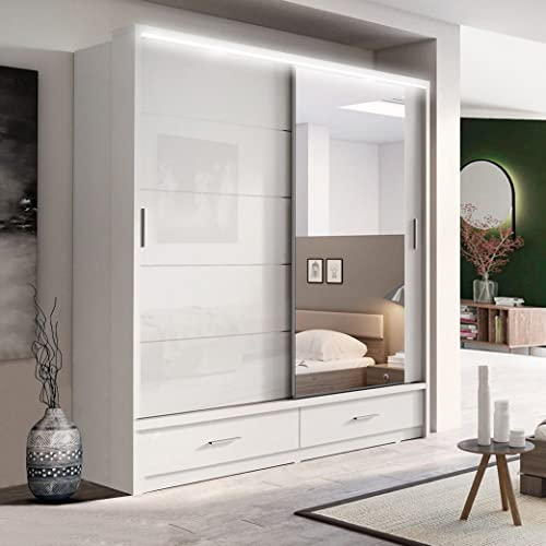 Texas Modern Bedroom Sliding Wardrobe with LED Lights - Ample Storage Space and Sleek Design comes in White/Grey/Black and Width 205cm/256cm (White, 205cm).
