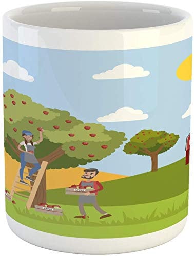 Apple Tree Mug,Happy Farmer on a Ladder Picking Fruit Country Rural Farm House Landscape,Ceramic Coffee Mug Cup for Water Tea Drinks,11 oz,Multicolor