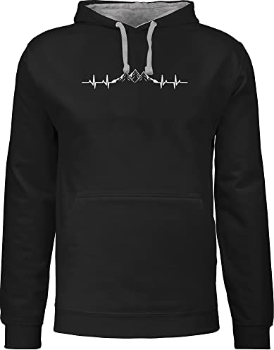 Pullover Herren Frauen Hoodie Kontrast zweifarbig - Skiurlaub Apres Ski - Berge Herzschlag - L - Schwarz/Grau meliert - wandern Damen Berg mit Kapuze Skifahren Pulli EKG valentinstaggeschenk
