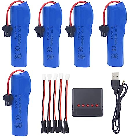 ZYGY 5PCS 3.7V 1200mah Batterie au Lithium avec Chargeur 5 en1 pour Voiture DE45 DE58 DE49 DE57 DE70 RC 1:14 véhicule Tout-Terrain à Quatre Roues motrices Haute Vitesse