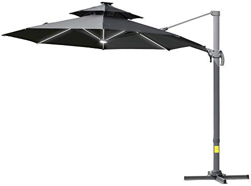 Outsunny 3(m) Cantilever Roma Parasol with LED Solar Lights, Crank & Tilt, Aluminium Frame, Cross Base and Adjustable Canopy 360° Rotating Sun Umbrella with 2-Tier Shade, Grey
