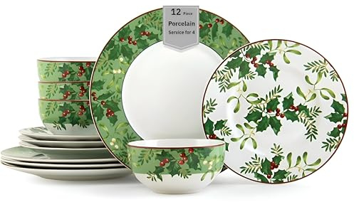 222 Fifth Christmas Foliage 12-Piece Porcelain Dinnerware Set for 4 - Glossy White Plates and Bowls Sets with Green Holly and Berry Design, Durable Ceramic Dish Set for Holiday Dining, Elegant Dishes