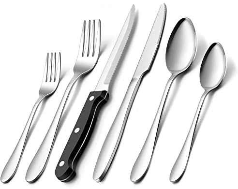Herogo Juego de cubertería para 12 personas, 60 piezas, de acero inoxidable, con 12 piezas, cuchillo de carne, elegante tenedor, cuchara, juego para hogar/restaurante, cubiertos de plata pulida