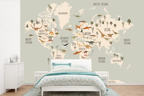 Selbstklebend Tapete Wandpapier Wandaufkleber Fototapete Tapeten Wanddeko 390x260 cm Weltkarte Kinder - Dino's - Kinder - Jungen - Mädchen - Kinder