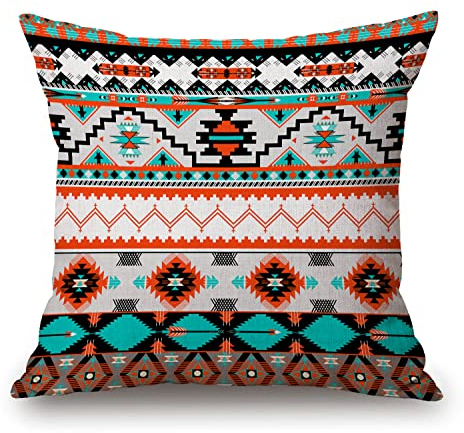 Aztec Throw Pillow Cover Abstract Geometric Tribal Navajo Ethnic American Southwestern Native Vintage Colorful Pixel Pattern Home Decor Pillowcase for Sofa 18x18 Inches