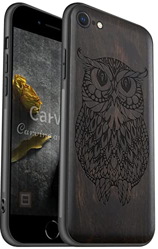 Carveit für iPhone SE 2022 Handyhülle, iPhone SE 2020 Cover, iPhone 8 hülle iPhone 7 Hull [Echt Holz Back and Soft Silicone TPU Edge] Stilvolle Aussehen Hülle（Dunklesholz-Mandala-Eule）