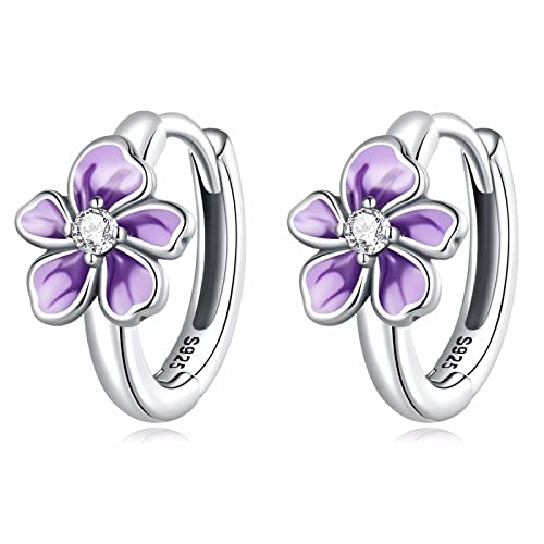Qings Blumen Creolen Ohrringe Damen 925 Sterling Silber Hypoallergen Kleine Creolen Lila Blume Huggie Ohrringe Mode Knorpel Ohrring Geburtstags Geschenk für Mädchen Tochter