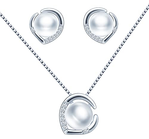 CPSLOVE Perlen Halskette und Ohrringe für Damen Mädchen, 925 Silber Schmuck-Sets, Elegante Perlen Ketten Anhänger, Herz Perlen Ohrringe, Eingelegter Zirkon