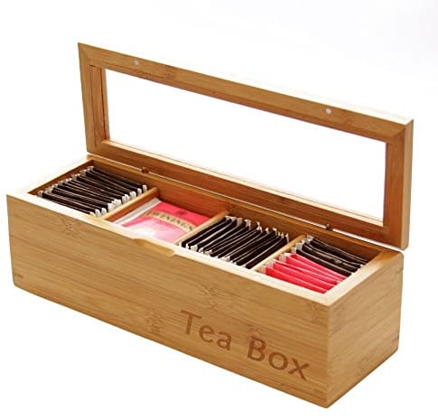 Woodquail Teebox Teekiste Aufbewahrung, aus Natürlichem Bambus (4 Fächer)