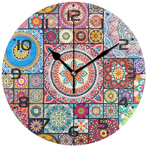 Mnsruu Große 25 cm große Wanduhr, marokkanisch, böhmisch, rosa, Tribal, stille, atomare, analoge Uhr, batteriebetrieben, nicht tickend, Küche, Klassenzimmer, Heimdekoration