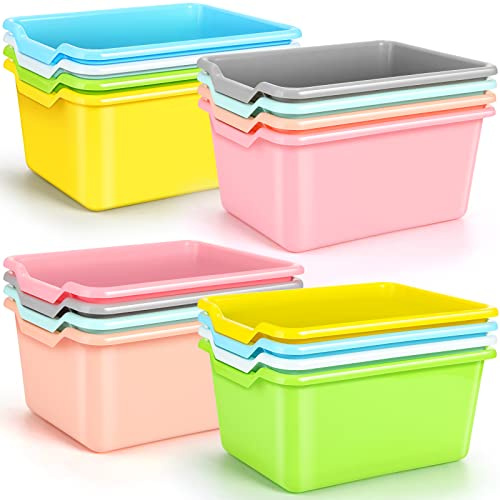 Dandat 16 Pcs Book Bins for Classroom Library Plastic Cubby Storage Bins Organization Scoop Front Stackable Toy Storage Tubs Containers for School Office Home Nursery Playroom(Candy Color)