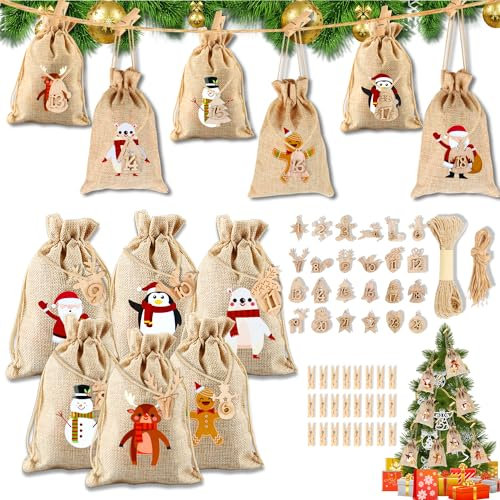 Adventskalender zum Befüllen, 24 Adventskalender Stoffsäckchen, Weihnachten Adventskalender Taschen, Adventskalender Stoffbeutel mit 24 Adventskalender Zahlen+Holzklammern+Hanfseil (B)