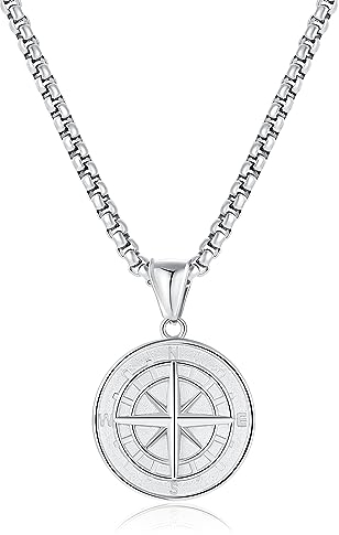L.Karden Halskette Edelstahl Kette Herren mit Kompass Anhänger für Männer Plattierten Schmuck Geburtstag Jahrestag Geschenke 55cm