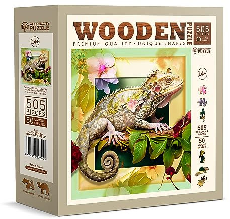 WOODEN.CITY Holzpuzzles Chamäleon und Blumen 500 Teile - Lebendige Holzpuzzles für Erwachsene - Herausfordernde Holzschnittpuzzles - Tierförmige Puzzles - Einzigartige Mosaik Holzpuzzle für Erwachsene