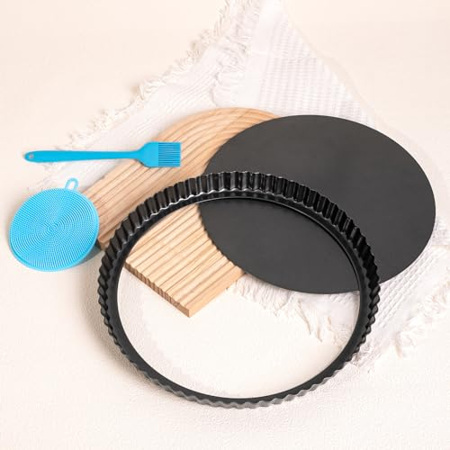 Highkit Moule à Tarte avec Fond Amovible, Moule à Quiche 32 cm, Plat a Tarte Revêtement Antiadhésif, Moule a Tarte Cannelé Rond pour Gateau, Tartes et Quiches, Plat à Quiche Acier au Carbone