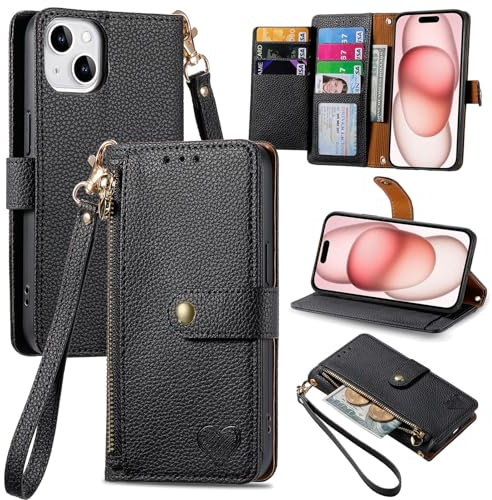VEEMOS Zipper Wallet Case for Apple iPhone 15 Phone Case with Purse Card Holders RFID Blocking Leather Flip Case Book Cover Wrist Strap Women - Black