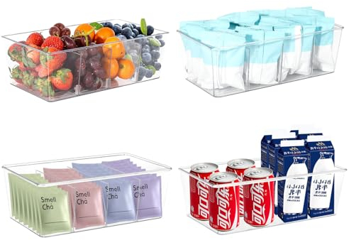 Cinnani Contenedores de Almacenamiento de Alimentos- Juego de 4,Organizador Apilable,Organizador Nevera con Separadores Extraíbles y 4 Compartimentos de Plástico,sin BPA (Transparente)