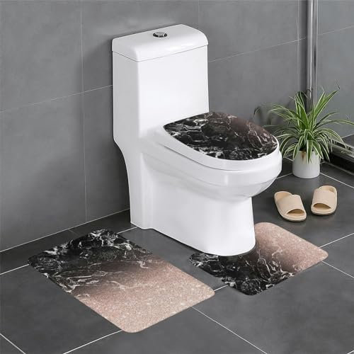HAHAFU Marble Color Rose Gold Bathroom Mat Sets 3 Piece, Non Slip Washable Soft Absorbent Thick Toilet Mat For Bathroom/Toilet