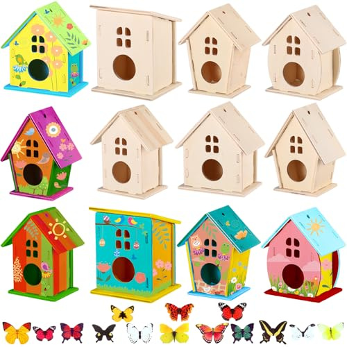 Sawysine 107 Pcs DIY Birdhouse Kits for Kids Ages 5-8 8-12, 48 Wooden Bird House Kits in 6 Shapes and 57 Butterfly Sticker for Children Spring Craft Activity Art DIY Project(Lovely Style)