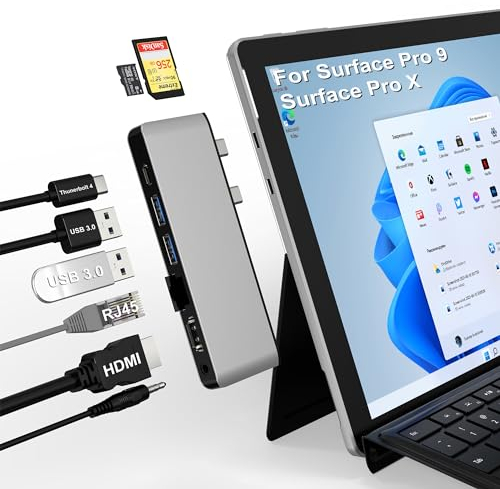 Surface Pro 11 USB Hub, Surface Pro 9 Hub Docking Station with 4K HDMI, USB-C Thunderbolt 4 (8K Video+Data+ PD), 100M RJ45, 2 USB 3.0, SD/TF Card Slot, 3.5mm, Design for Surface 11/10/9/X