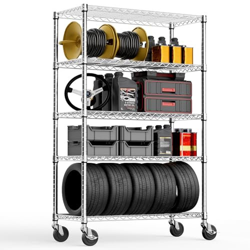 M MZG Steel Storage Shelving 5-Tier Utility Shelving Unit with Wheels, Steel Organizer Wire Rack for Home,Kitchen,Office,Garage, 45 x 120 x 195 cm
