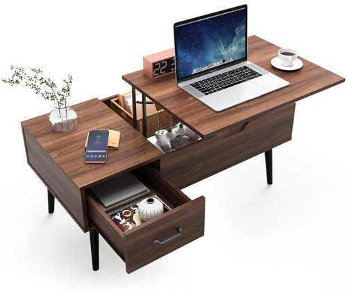 HAIOOU Mesa auxiliar elevable, mesas de centro modernas de mediados de siglo con cajón para sala de estar, estante de almacenamiento abierto, mesa de cóctel de nogal, soporte de TV con patas de pino