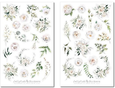Weiße Rosen Sticker Set - Aufkleber, Planer Sticker, Sticker Garten, Natur, Blumen, Floral, Pflanzen, Blätter, Blumenstrauß, Hochzeit