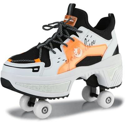 Schuhe mit Rollen für Jungen Mädchen, Rollschuhe mit 4 Einziehbaren Rädern, 2-in-1 Rollschuhen und Sneakers, Roller Skate Shoes für Kinder Teenager (Orange, 34)