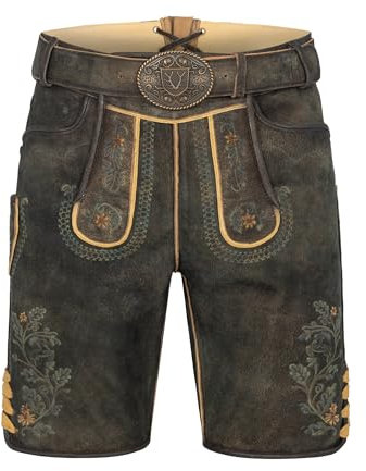 Krüger Herren Trachten Lederhose kurz, Modell: Charlie mit Gürtel, Knielang, braun und grau, Art.-Nr. 961667-0-0725, 50,