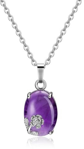 Jovivi Collier Amethyste Pierre Naturelle Femme Pendentif Ovale avec Décor Petit Fleur Collier Femme Fille Cadeau Mère Valentine Amitié BBF