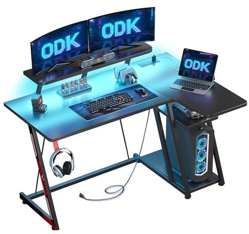 ODK Gaming Desk with LED Lights & Power Outlets, 120CM Computer Desk with Monitor Stand, Corner Desk with Hook & Storage, L Shaped Gaming Desk Carbon Fiber Black