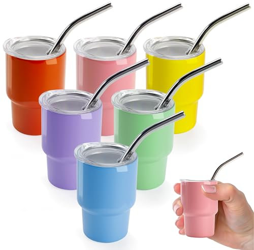 Joyclub 3 oz Mini Tumbler Shot Glass with Straw and Lid 6 Pack Colored Stainless Steel Sublimation Shot Tumblers Mini Cup for Wedding Party Whiskey Favors