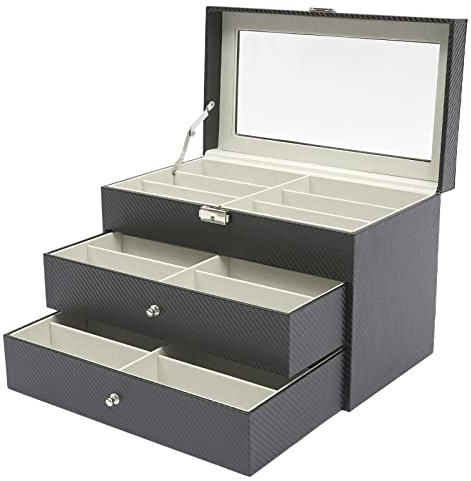 Brillenbox Sonnenbrillen Aufbewahrungsbox 18 Brillen aus Leder Brillen Schatulle mit Schloss und Schlüssel Brillenkasten Brillenkoffer Brillenaufbewahrung für Sonnenbrille Uhren Schwarz 3 Schichten