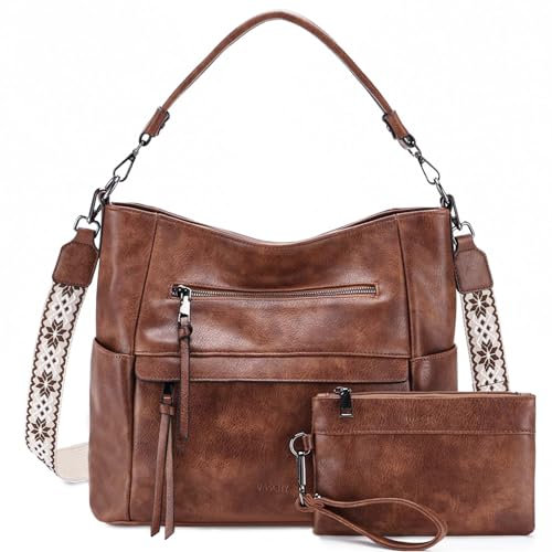 VASCHY Handtasche Damen, Vegan Leder Schultertasche Henkeltasche Groß Crossbody Hobo Bag Umhängetasche Geldbörsen Set Braun