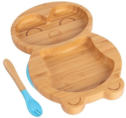 Tiny Dining 2pc Blau Bambus-Pinguin-Baby-Entwöhnungsteller & Gabelsatz - Hölzern Geteilt Kleinkind Kinder Essen Fütterung Tablett - Silikon Saugnapf