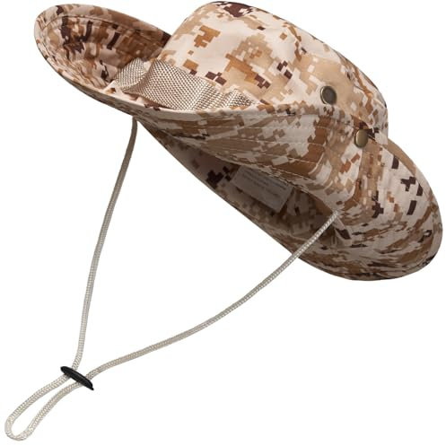 Hatstar UPF 50 Sonnenhüte mit breiter Krempe, Sommer-Mesh, UV-Schutz, Safari-Hut, zum Angeln, Wandern, Boonie-Hüte mit Kinnriemen, wasserabweissend und atmungsaktiv (camouflage pixel braun)