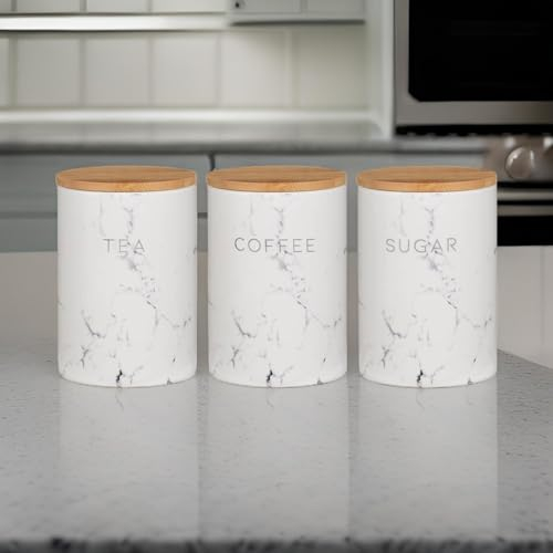 Dylex Set of 3 Marble Effect Tea Coffee Sugar Ceramic Containers with Bamboo Lids Airtight Kitchen Storage Jars