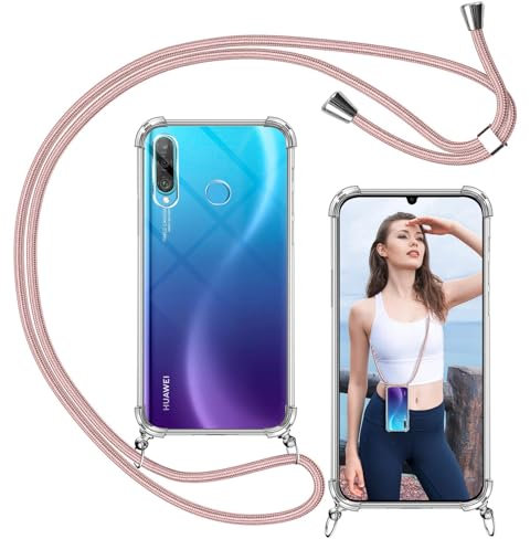 ISOI - Handykette kompatibel mit Huawei P30 lite Hülle mit Band, Transparent Handyhülle zum Umhängen, Weiche TPU Silikon Necklace Schutzhülle, mit Stoßfester Airbag-Stoßfänger - Rosa
