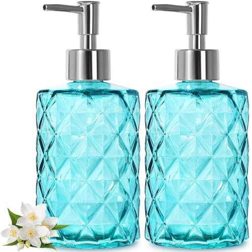 GMISUN Hand Soap Dispenser, 2 Pcs Blue Glass Soap Dispenser Bottle with Pump for Bathroom, 12 fl oz Liquid Dispenser for Kitchen, Refillable Hand Wash Bottle for Liquid Lotions Detergent