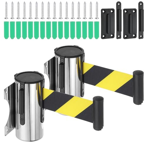 PATIKIL 2Pcs Fixation Murale Barrière à Ruban Tons Argent/Noir/Jaune | Rétractable, Barrière à Ruban Fixe de 9,84 Pieds, avec Boîtier en Acier, pour Contrôle de Foule Magasin Détail Stade