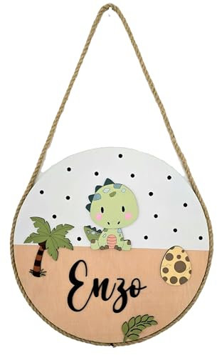 Placa de madera personalizada con nombre. 13 modelos a elegir. Decoración dormitorio bebé. Regalo bebé personalizado (Dinosaurio)